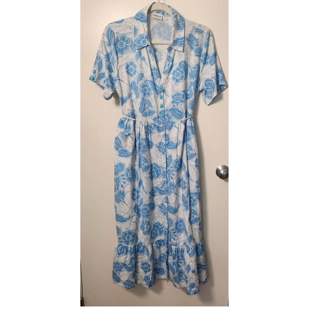 Rachel Zoe Women's M Blue Floral Linen Dress V-Neck Full Button Front Tie Waist